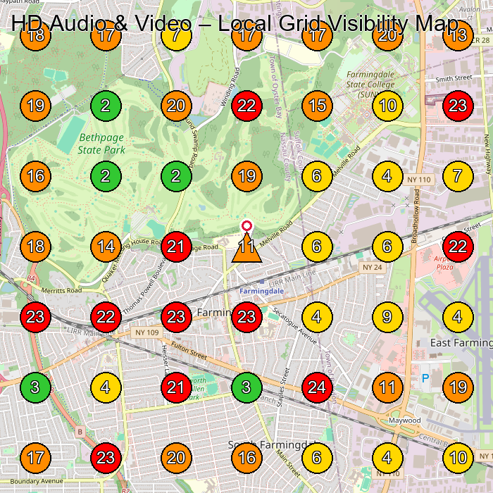 HD Audio & Video Home Automation Company GeoGrid ranking map for Farmingdale NY